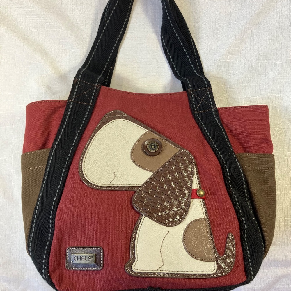 Chala Toffy Dog Large Tote Canvas/Vegan Leather, Burgundy With Black Handles EUC - Picture 9 of 13
